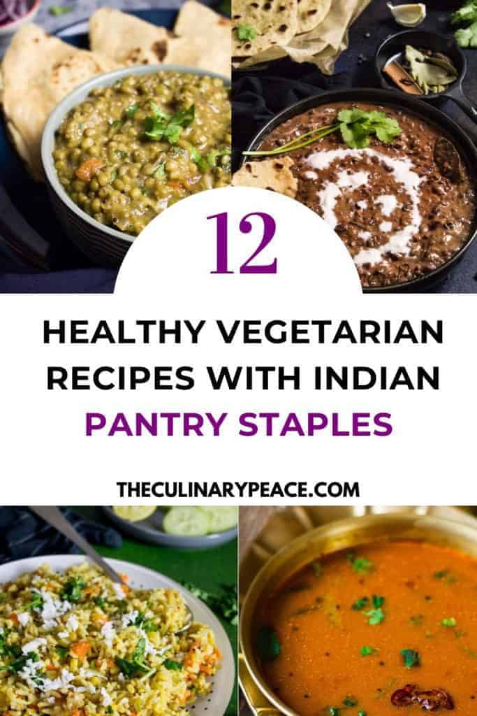 Four images of Indian vegetarian food one in green color made of green gram, the one next to it in brown color made of kidney beans. The one at the bottom left is a yellow color dish made of rice, lentil. The image to the right corner is orange color soup.